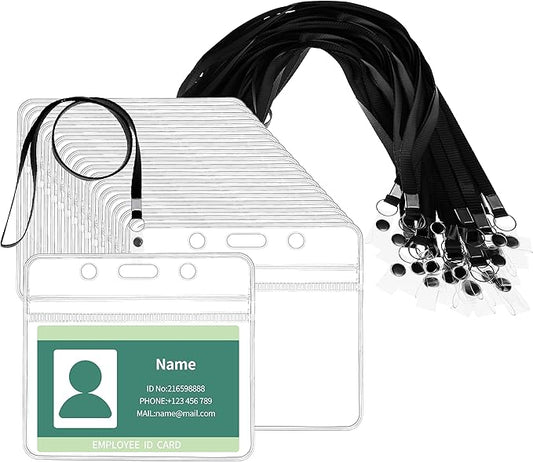 RexID 100 Pcs Horizontal ID Holder Badges Name Tags,Waterproof Clear Plastic ID Card Holders with Black Lanyard(100 Pcs (Horizontal), Black)