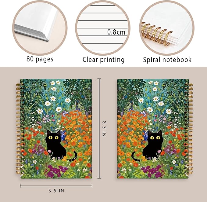 Cute Cat Notebook Journal, Cat Gifts for Girls, Cat Lover Gifts for Women Men, Funny Black Cats Floral Spiral Notebook, Cats Notepad for School Supplies 5.5x8.3 Inch