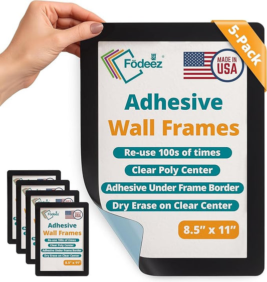 8.5 x 11 Adhesive Wall Frames - Peel & Stick Picture Frames, Wall Sign Holder, Paper & Letter Protector Sheets, Reusable Picture Frame, Dry Erase, Non Magnetic & Non Acryclic - Black, Pack of 5