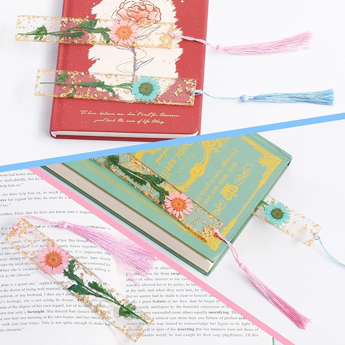 Bookmarks for Women, Kaluofan 2PCS Book Markers for Reading, Durable Handmade Dried Flower Bookmarks with Tassels, Pretty and Increase Reading Interest