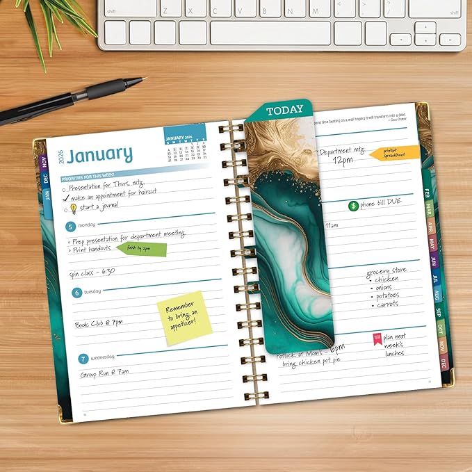 HARDCOVER 2026 Planner, 5.5"x8": 14 Months (November 2025 - December 2026), Daily Weekly Monthly Planner, Yearly Agenda, Bookmark, Pocket Folder and Sticky Note Set (Teal Gold Marble)