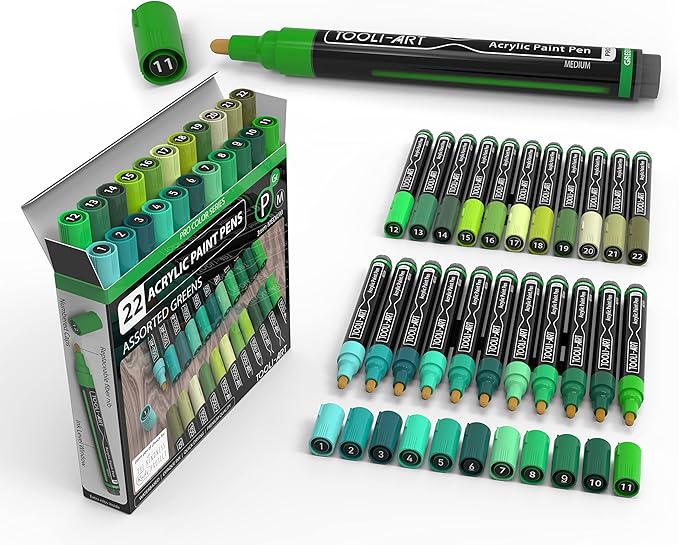 TOOLI-ART 22 Acrylic Paint Markers Paint Pens Pro Color Series Set 3mm Medium Tip for Rock Painting, Glass, Mugs, Wood, Metal, Glass Paint, Canvas, DIY. Non Toxic, Waterbased, Quick Drying (GREENS)