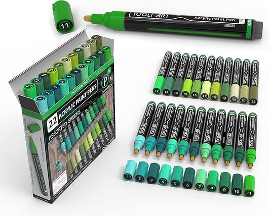 TOOLI-ART 22 Acrylic Paint Markers Paint Pens Pro Color Series Set 3mm Medium Tip for Rock Painting, Glass, Mugs, Wood, Metal, Glass Paint, Canvas, DIY. Non Toxic, Waterbased, Quick Drying (GREENS)