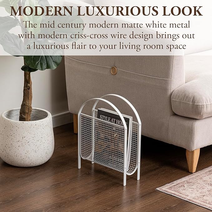 MyGift Mid-Century Design Magazine Rack, Matte Black Tone Metal Mesh Freestanding Magazine Organizer Holder Sling (White)