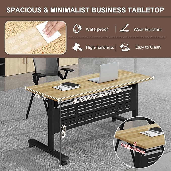 Folding Conference Room Table, Modern Conference Tables with Wheels, Large Rectangular Mobile Training Tables for Office Classroom, Foldable Modular Boardroom Seminar Table Maple (8pack L63in)