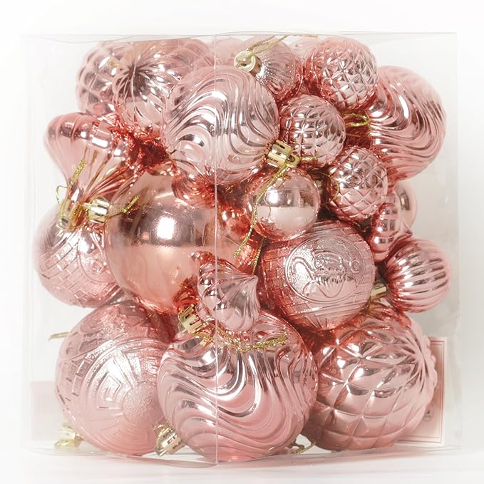 Senjie 36pcs Rose Gold Christmas Ornaments Set: Eclectic Classic, Shatterproof Plastic Balls with Hanging Loops for Christmas, Halloween, Anniversary, Wedding