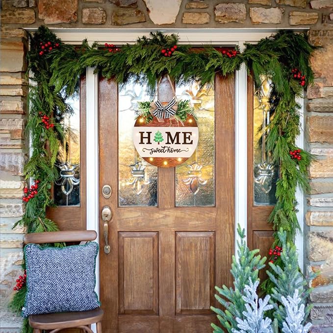 HOMCDALY Interchangeable Welcome Sign for Front Door with 14 Changeable Icons, Door Wreaths for Front Door with 12 LED Lights, Farmhouse Rustic Welcome Door Hanger Wall Sign, Porch Decorations(White)