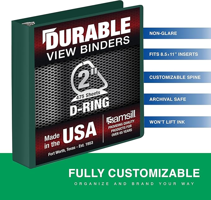 Samsill Durable 2 Inch Binder, Made in The USA, D Ring Binder, Customizable Clear View Cover, Forest Green, Holds 475 Pages