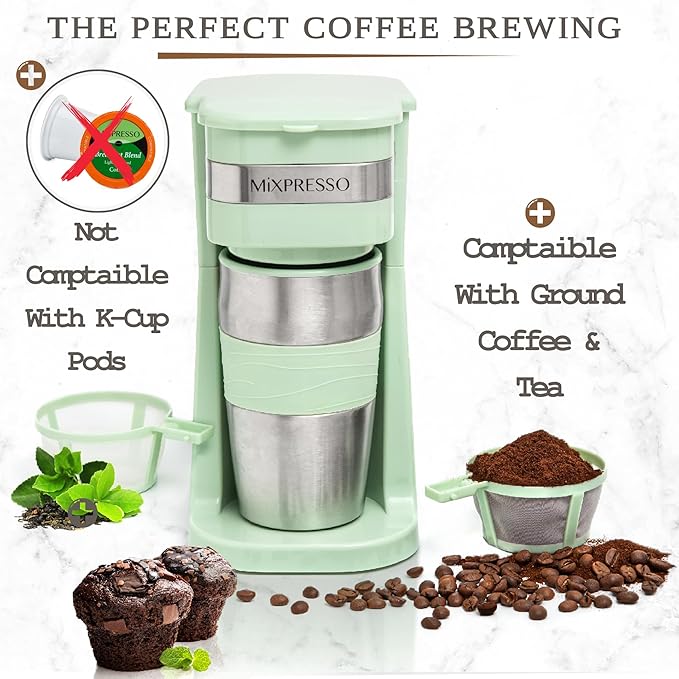 Mixpresso Green Personal Single Serve Coffee Maker with 14oz Travel Mug, Drip Small Coffee Maker with Auto Shut Off, Reusable Filter, Works with Ground Coffee Only – Not for K-Cup Pods