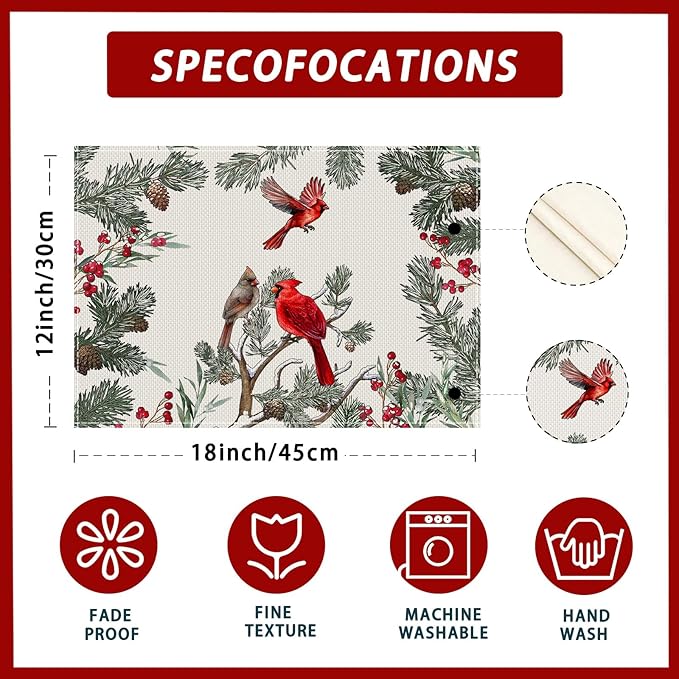 XCHI Cardinal Birds Winter Pine Tree Christmas Xmas Placemats Set of 8 Table Mats for Party Home Kitchen Dining Table Decorations 12x18 Inch