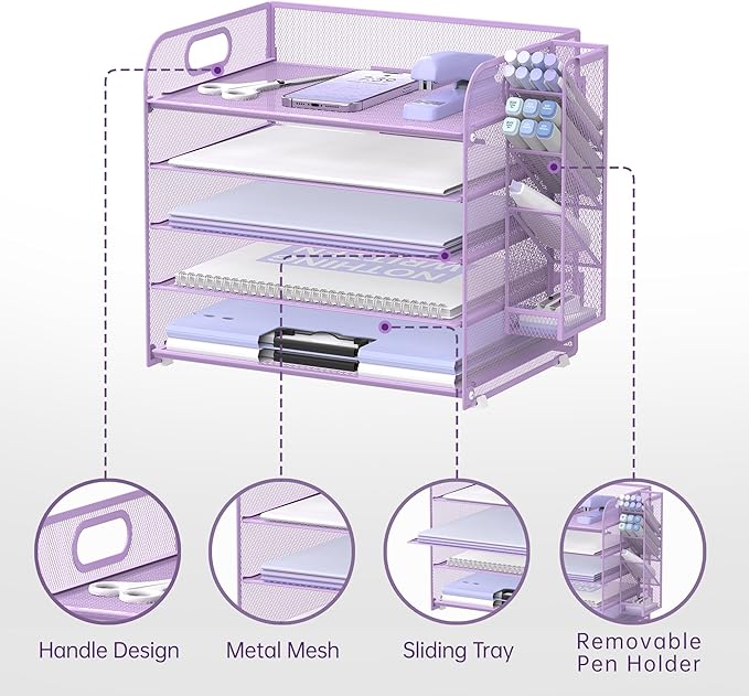 SUPEASY 5 Tier Desk Organizer with Handle & Removable Pen Holders, Mesh Paper/File Organizer for Desk, Paper Letter Tray Organizer for Office Supplies (Purple)