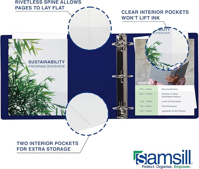 Samsill Durable 2 Inch Binder, Made in The USA, D Ring Binder, Customizable Clear View Cover, Dark Blue, Holds 475 Pages