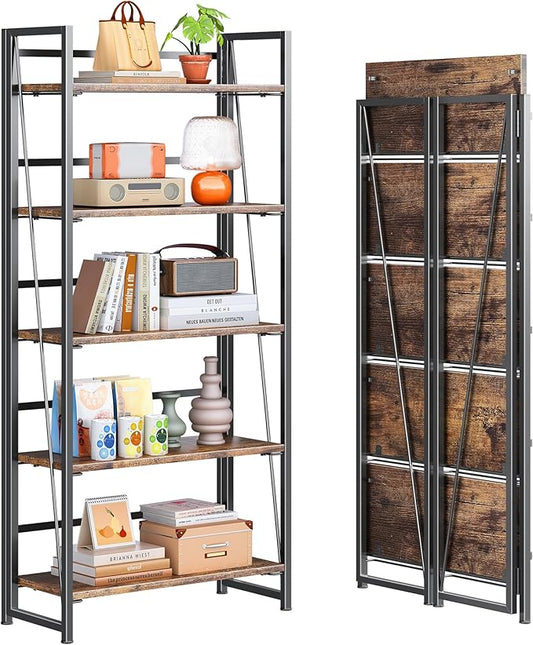 4NM No Assembly Folding Bookshelf, 5-Shelf 62.2" H Collapsible Foldable Bookcase Storage for Small Spaces, Rustic Brown and Black