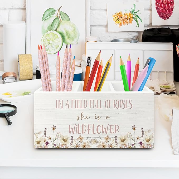 Wildflower Nursery Decor Pen Pencil Holder Organizer for Desk, Girl Nursery Decor, in a Field Full of Roses She Is a Wildflower Wooden Box Sign for Girly Room Bedroom Desk Tabletop Decorations