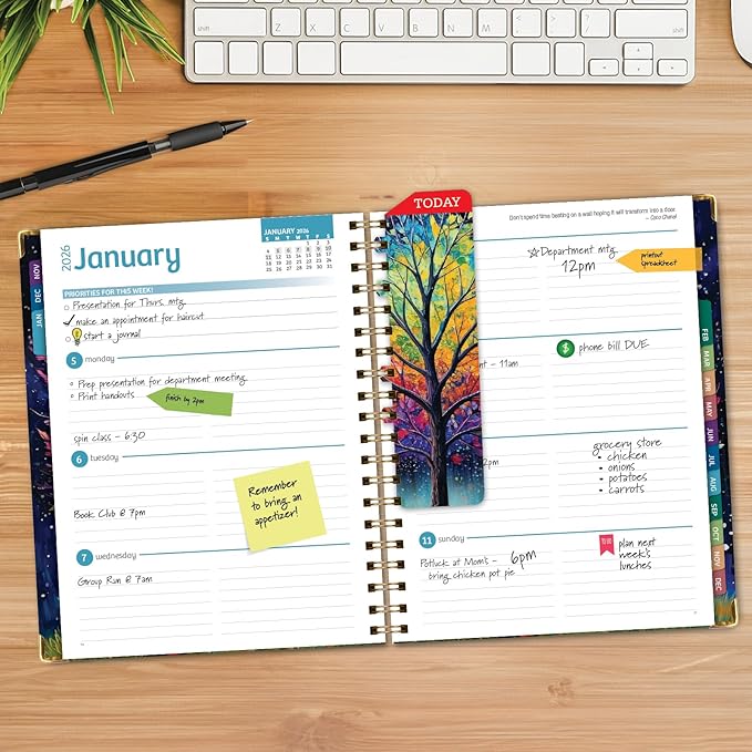 HARDCOVER 2026 Planner, 8.5"x11": 14 Months (November 2025 - December 2026), Daily Weekly Monthly Planner, Yearly Agenda, Bookmark, Pocket Folder and Sticky Note Set (Black Tree Seasons)