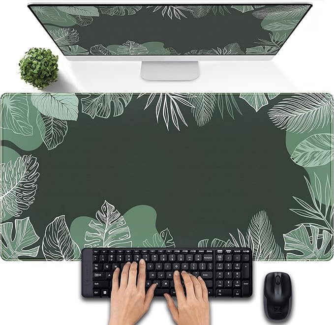 Green Plants Desk Mat Tropical Leaves Mouse Pad Cute, Large Extendded Gaming Deskmat, XXL Laptop Keyboard Mouse Mat Desktop Matt Women Office Desk Accessories Mousepad Desk Cover Mat, 31.5"x15.75"