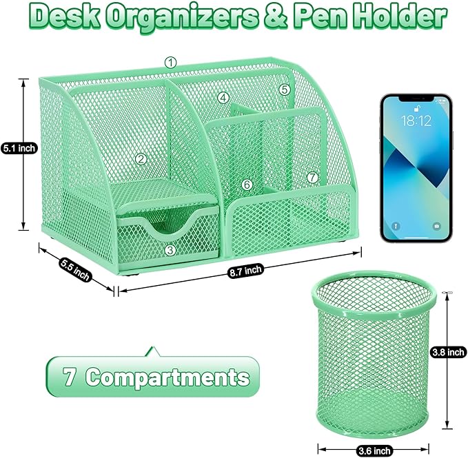 13-in-1 Office Desk Organizer Set with Stapler and Tape Dispenser, Pen Holder, Scissors, Ruler, Hole Punch, 2 Pens & More Desktop Accessories for Back to School Supplies (Green)