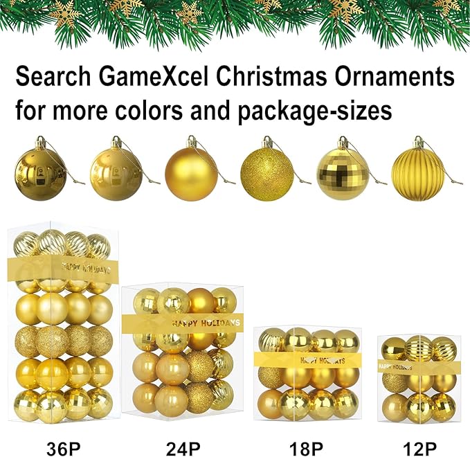 Gold 2.5" Christmas Balls Christmas Tree Decoration Ornaments Shatterproof Hanging Balls for Xmas Tree Holiday Decor Set of 18pcs