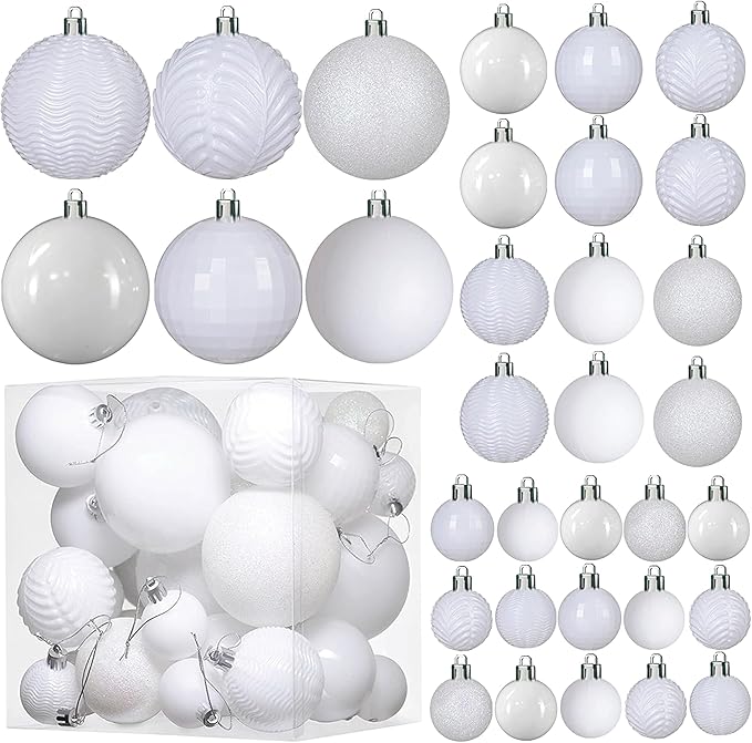 Prextex 36 Piece White Christmas Ornaments and Balls - White Ornament Set with 3 Sizes and 6 Styles - Shatterproof Christmas Ornaments for Tree, Wreath, and Holiday Decor for Indoor or Outdoor Display