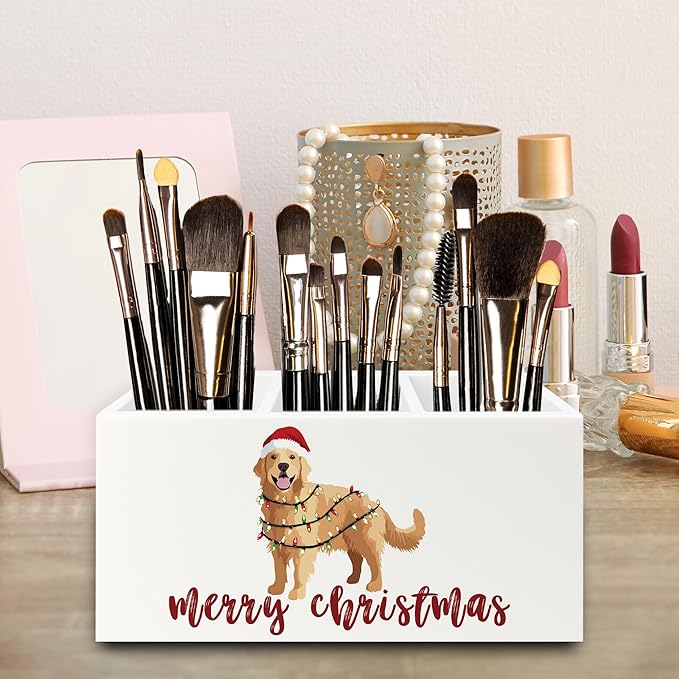 Golden Retriever Christmas Pen Pencil Holder Organizer for Desk, Merry Christmas Funny Xmas Santa Dog Wooden Box Signs Decorations for Home Office Desk Tabletop, Golden Retriever Lovers Gifts