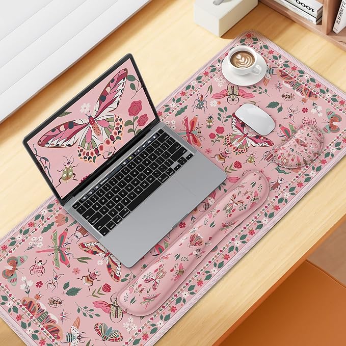 iCasso Large Mouse pad for Desk, Computer Desk Mat, 3Pcs XXL Keyboard and Mouse Pad + Keyboard Wrist Rest, Desk Matt for Desktop, Easy Typing Pain Relief Ultra Thick Mousepad Keyboard Mat(Pink)