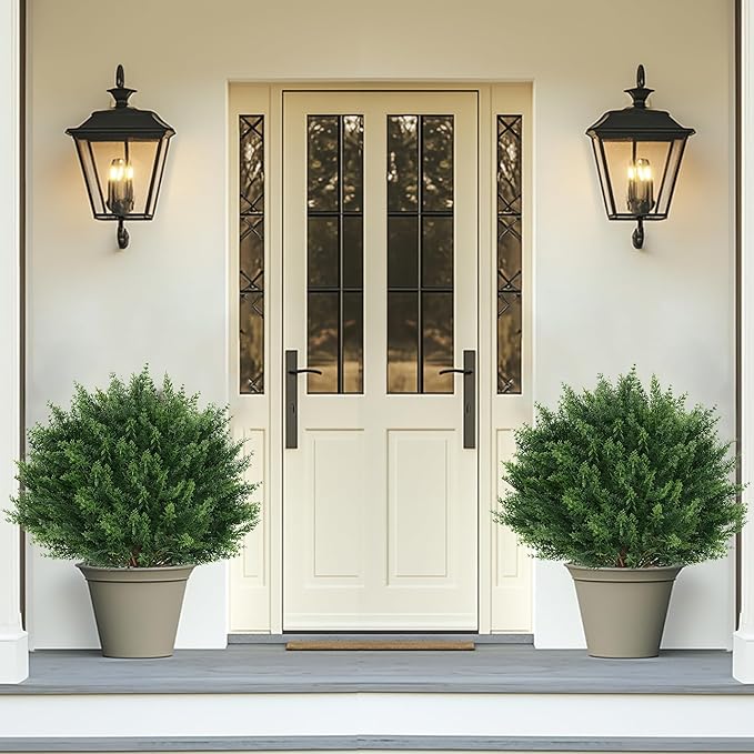 Artificial Cypress Topiary Tree with Ground Spike, Set of 2 Artificial Shrub Bushes, Fake Evergreen Tree for Porch, Artificial Plants for Outdoor Planters Indoor UV Resistant