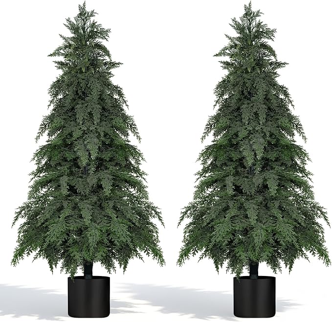 2Pack Artificial Topiary Trees, 4FT Faux Cypress, Faux Evergreen Pine Shrubs Plants with Pot, Potted Plants for Front Porch Indoor Outdoor Garden Christmas Decor