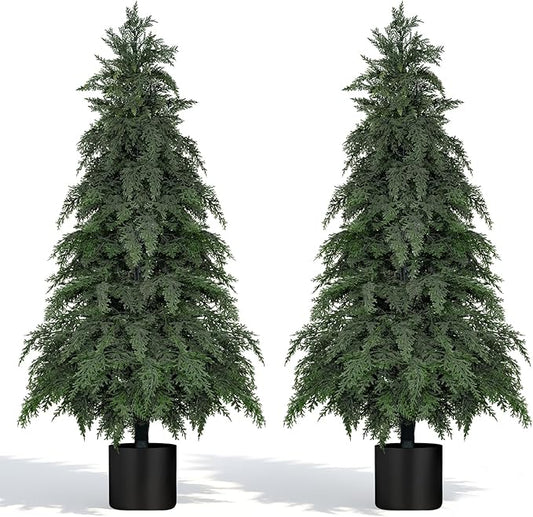 2Pack Artificial Topiary Trees, 4FT Faux Cypress, Faux Evergreen Pine Shrubs Plants with Pot, Potted Plants for Front Porch Indoor Outdoor Garden Christmas Decor