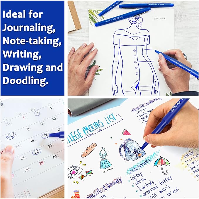 Lelix Felt Tip Pens, 30 Blue Pack, 0.7mm Medium Point, Felt Tip Markers Pens for Journaling, Writing, Note Taking, Planner, Perfect for School Office and Art Supplies