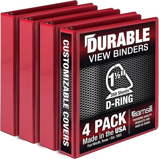 Samsill Durable 1.5 inch 3 Ring Binder, Made in USA, D Ring Binder, FSC 100% Recycled Chipboard, Red, 4 Pack