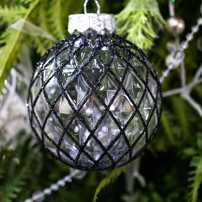 12 PCS Clear and Black Christmas Ball Ornaments, 80mm/3.15 Inches Rustic Farmhouse Christmas Decorations, Large Shatterproof Luxury Hand-Painted Xmas Ornaments for Christmas Tree, Wedding