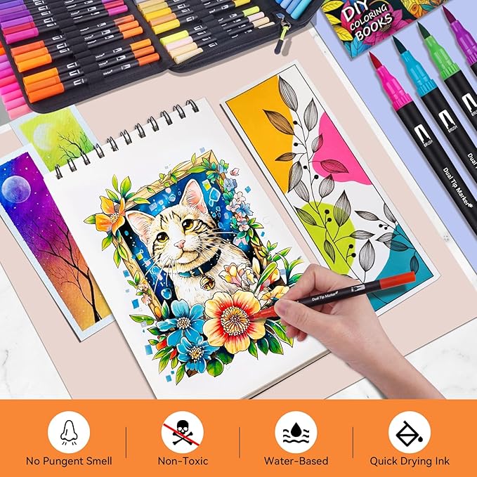 Dual Markers Brush Pens for Adult Kids Coloring Books,120 Colors Art Marker Set with Fine & Brush Tip Pen for Bullet Journaling, Coloring, Drawing, Hand Lettering, Calligraphy, Art Supplies