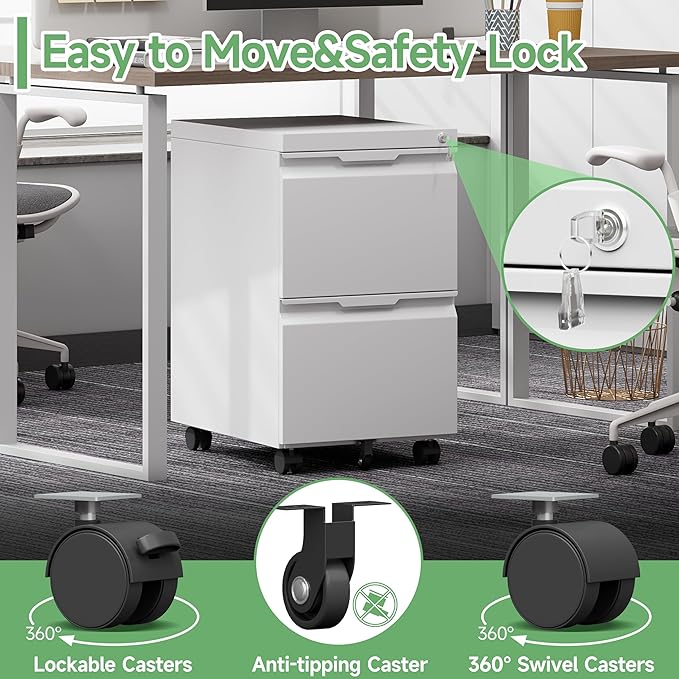 2 Drawer Mobile File Cabinet with Lock,Under Desk Metal Filing Cabinets with Wheels for Home Office Organizer Letters/Legal/A4(Easy Assemble-White)