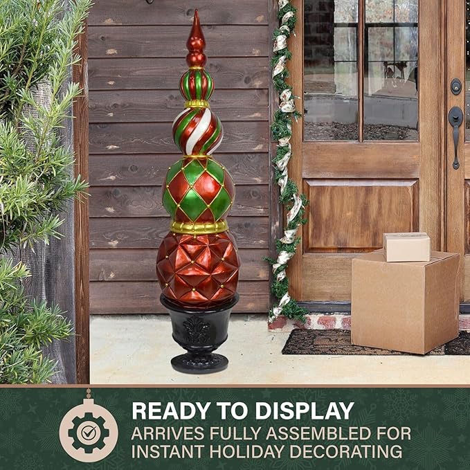 Fraser Hill Farm 4-ft. Christmas Topiary Decoration in Resin Urn, Weather Resistant Christmas Decor for Outdoor and Indoor Use, Porch, Stairway, Fireplace