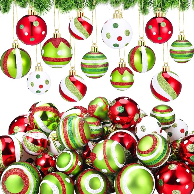 64 Pcs Christmas Ball Ornaments Lime Green Red Christmas Ornament Plastic Christmas Tree Decoration Assorted Size Dot Stripe Christmas Ornament for Tree Home Indoor Decor, 1.6/1.97/2.4 Inch
