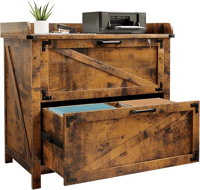 2 Drawer File Cabinet with Lock, Modern Farmhouse Filing Cabinet for Legal/Letter/A4 Size Hanging Files, Large Wood File Cabinets for Home Office