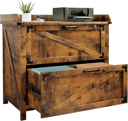 2 Drawer File Cabinet with Lock, Modern Farmhouse Filing Cabinet for Legal/Letter/A4 Size Hanging Files, Large Wood File Cabinets for Home Office