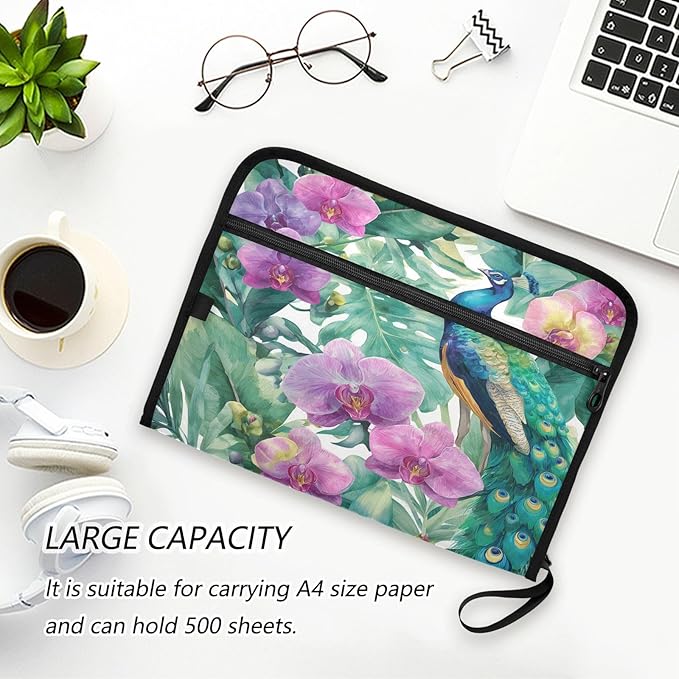 Peacocks and Purple Flowers Expanding File Organizer with 13 Pockets Accordion File Folders with Labels,Portable Document Paper Bill Receipt Organizer,Home College School Office Supplies, Lette
