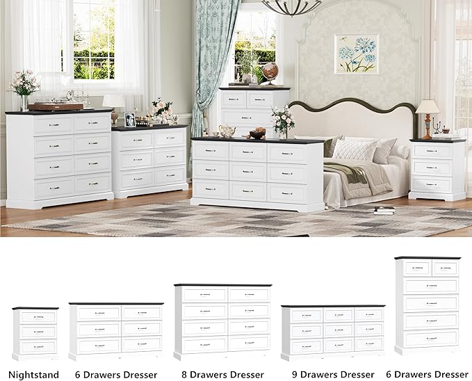 6 Drawer Dresser for Bedroom, 53" Wide Wooden Chest of Drawers, Rustic Farmhouse Dresser with Large Drawers & Metal Handles, Modern Storage Organizer for Closet, Living Room, Hallway, White