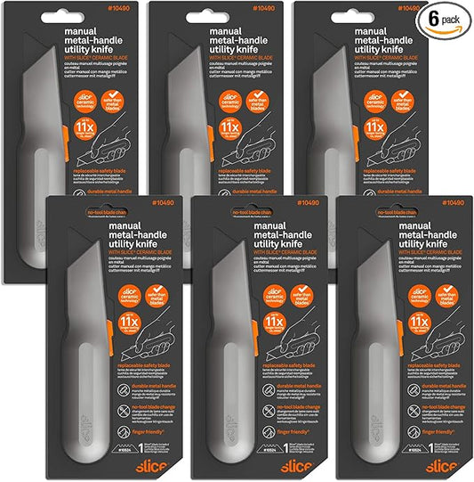 Slice 10490 Metal-Handle Utility Knife, Finger Friendly Ceramic Blade, 3 Cutting Depths, Comfortable Heavy Metal Grip, Stores Extra Blade - 6 Pack