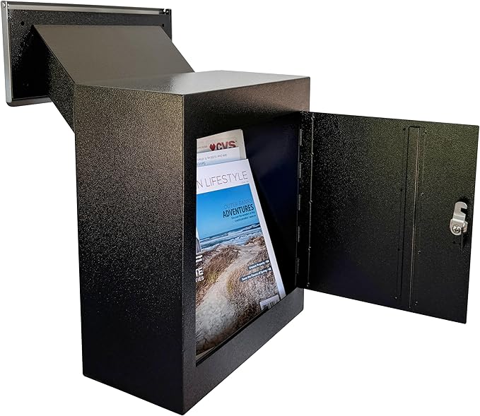 Through-The-Wall Drop Box with Rainproof Cover | Heavy Duty Through Wall Mailbox with 10-Inch Adjustable Chute | Rainproof Locking Drop Safe for Mail, Rent, Checks, Cash, and Keys, Black