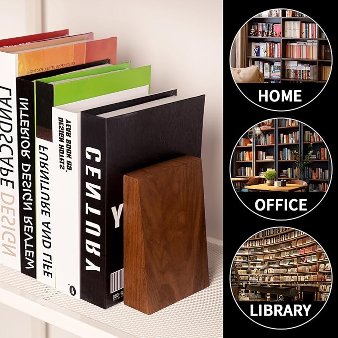 Walnut Book Ends for Shelfs, Solid Heavy Duty Book Ends for Heavy Books, Large Decorative Bookends with Stainless Steel Base to Hold Heavy Books-Set of 2 (Large)