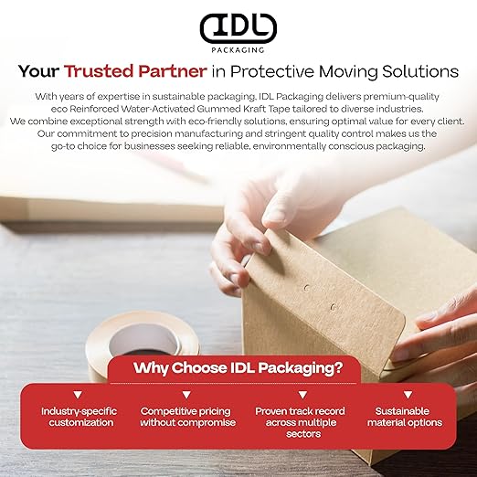 IDL Packaging 2.83" x 450 feet Reinforced Water-Activated Kraft Gummed Tape 30lb Thickness (Pack of 10) - Secure Paper Packing Tape for Secure Carton Sealing - Heavy-Duty for All Conditions, Brown
