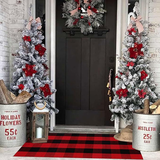 Christmas Plaid Outdoor Rug, 2' x 4'3'' Red & Black Check Indoor/Outdoor Area Rug, Layering Rug for Hello/Welcome Door Mat, Machine Washable Cotton Woven Rug for Farmhouse Front Porch, Entryway