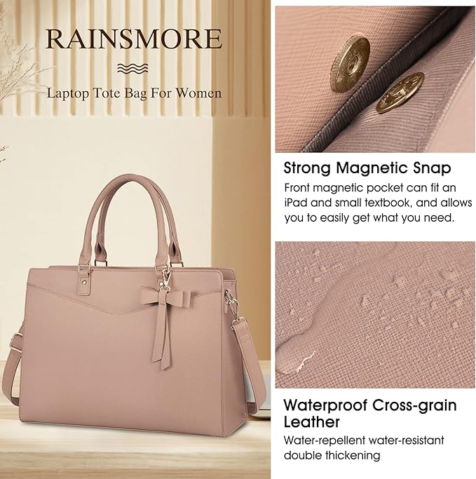 RAINSMORE Laptop Bag for Women 15.6 Inch PU Tote Bag Business Office Work Bag Waterproof Briefcase Computer Tote Lightweight Handbag Shoulder, Khaki