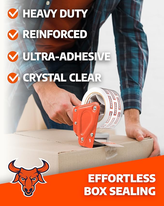 Clear Packing Tape 1.88 inch - Metal Package Tape for Home & Office - Strong & Durable Shipping Packaging Tape - Clear Packaging Tape Dispenser Heavy Duty - 1 Roll / 1 Tape Gun / 54.5 Yards