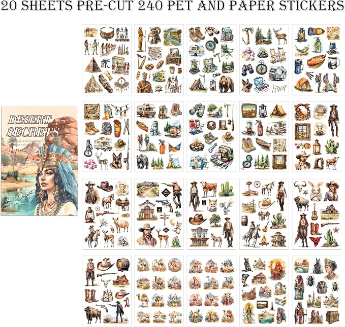 Egypt Travel Scrapbook Stickers 20 Sheets 240 Pre-Cut Washi Stickers PET Transparent Desert Book Sticker for journaling Decorative or DIY Paper Crafts Arts and Crafting Projects