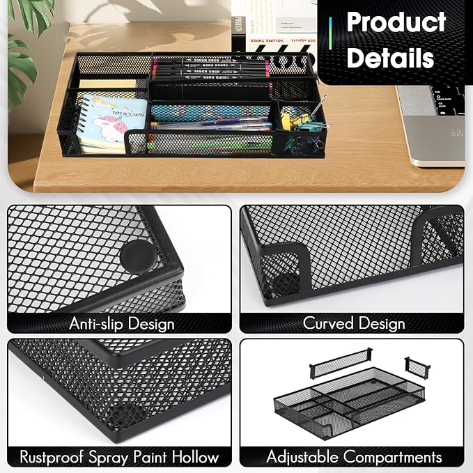 Desk Drawer Organizer Tray, 4 to 6 Grid Drawer Divider with 2 Adjustable Compartments, Metal Mesh Desk Organizer for Stationery Makeup Kitchen Toolroom School &Office, 12.6x8.26x1.57 in, 2 PCS