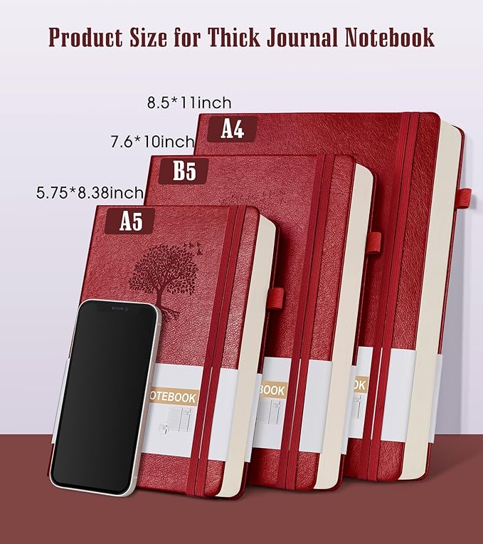 Lined Journal Notebook -365 Pages A5 Thick Journals for Writing Ruled Notebook, Hardcover Leather Journal for Women Men, Daily Notebook for Work, Note Taking, 100Gsm Lined Paper(5.7'' X 8.3'' Wine)