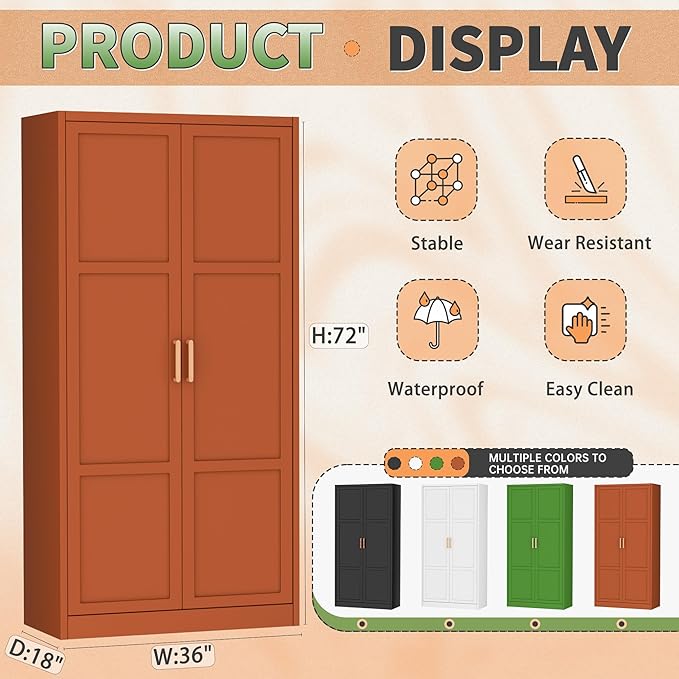 Greenvelly Metal Storage Wardrobe Cabinet, 72" Brown Metal Wardrobe Closet for Hanging Clothes with Doors and Shelves, Modern Steel Clothes Closet for Home, Office and Bedroom, School,Gym